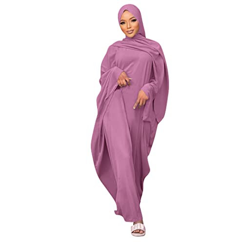 Burkas for Women Hijab Dress Solid Abaya Eid Dress Islamic Maxi Gown Kaftan with Hijab Scarfs Dubai Full Length Formal Gown 2-Piece Muslim Prayer Set Purple 2pcs One Size