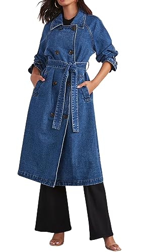 CHARTOU Women's Casual Double Breasted Long Denim Trench Coat Jean Jacket Trenchcoat with Belt Duster Coat (Large,Blue)