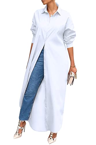 Choichic Shirt Dresses for Women Casual Long Sleeve Collared Solid Color Loose Button Down T Shirts Dress Plus Size Maxi Dresses Large White