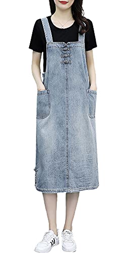 chouyatou Women's Casual Frog Button Deco A-Line Midi Long Denim Overall Dress (Large, Light Blue)