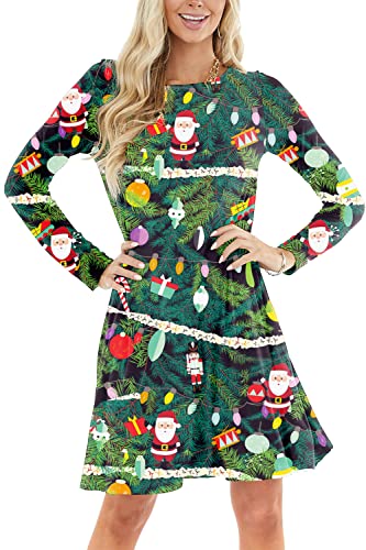 Christmas Dress for Women 3D Print Xmas Tree Party Holiday Ugly Funny Outfit L