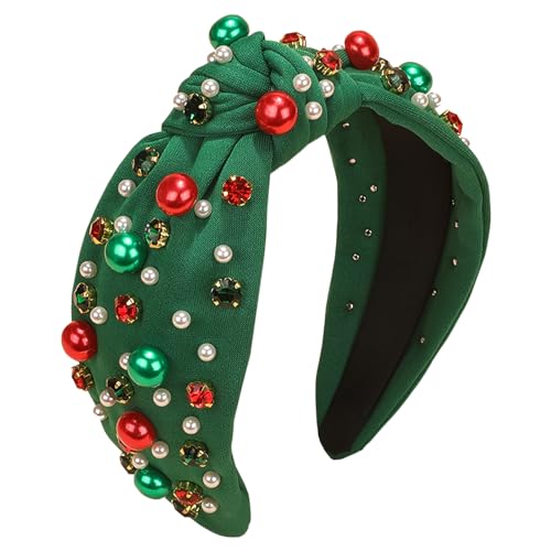 Christmas Headband for Women Pearl Knotted Headband Xmas Red Green Pearl Rhinestone Crystal Jeweled Hairband Fashion Elegant Ladies Wide Top Knot Hair Bands Headpiece Holiday Outfits Gifts (Green)