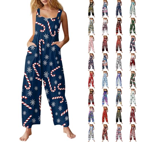 Christmas Party Outfits for Women 2024 Ugly Christmas Onesie Overalls Santa Claus Print Plus Size Rompers Spaghetti Strap Casual Rompers Festival Pants(B-Navy,X-Large)