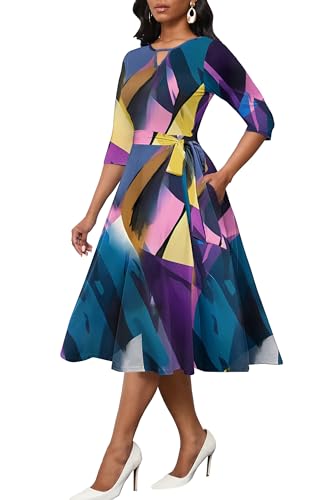 CLOCOR Casual Dresses for Women 3/4 Sleeve A Line Midi Dress Fit and Flare Party Cocktail Dresses Blue Purple L