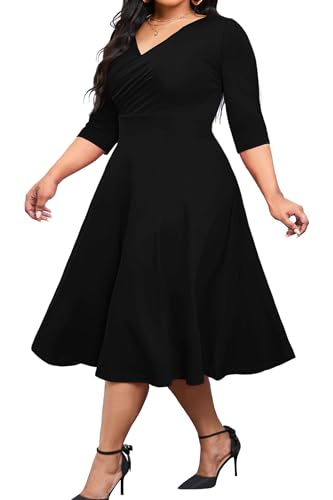 CLOCOR Women's Plus Size Midi Dress 3/4 Sleeve A-Line Swing Dress V Neck Flowy Casual Dresses Black 3X-Large