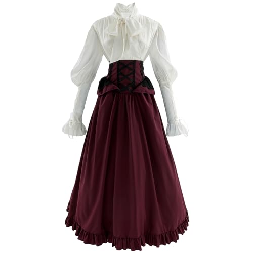 CR ROLECOS Victorian Dress Costume Women Medieval Vintage Edwardian Blouse Maxi Skirt Victorian Ball Gown Red L