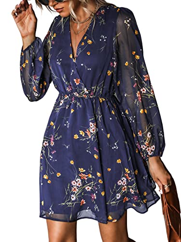 CUPSHE Women's Floral Print Chiffon A-Line Mini Dress Long Peasant Sleeves Elastic Autumn Dress,S