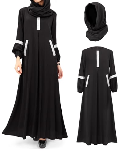 DAZCOS Women Muslim Dress Long Sleeve Abayas Dress with Hijabs Modest Dresses Dubai Outfits Arabian Robe (US, Alpha, Small, Regular, Regular, Black)