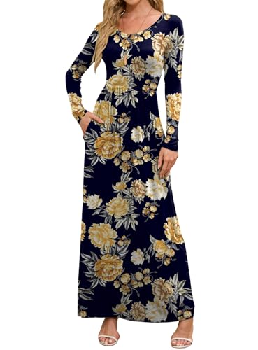 DEARCASE Maxi Dress for Women Flower Yellow Black Large Round Neck Boho Long Sleeves A-line Casual Hawaiian Empire Waist Flowy Party Vintage Spring Fall Winter Floor Dresses with Pocket