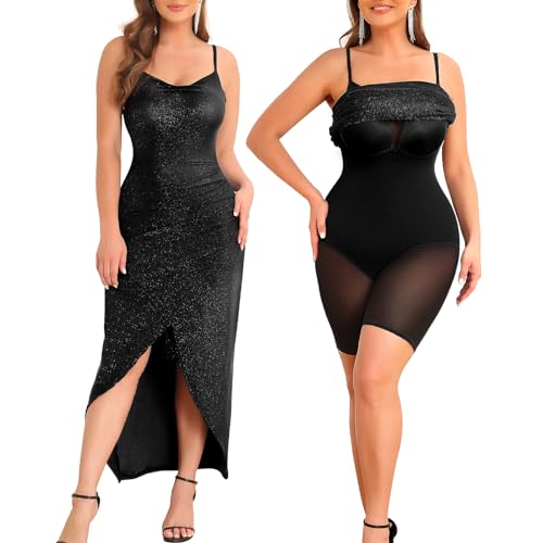 Decorus Shapewear Dress For Women Elegant Evening Classy Dress With Built In Shapewear Bra Black Formal Sparkly Bodycon Split Sexy Cocktail Dresses