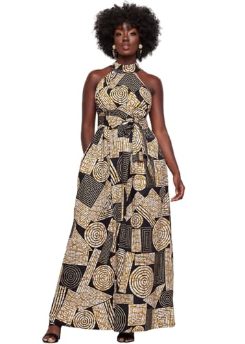 D'IYANU | Ronke African Pattern Ankara Maxi Dress for Women | Traditional Culture Kente Print Cloth | Black Brown Geometric | L