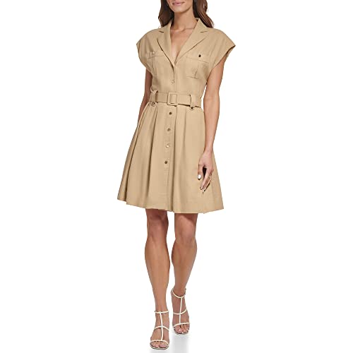 DKNY Women's Fit and Flare Wear to Work Belted Shirt Dress, Khaki, 14