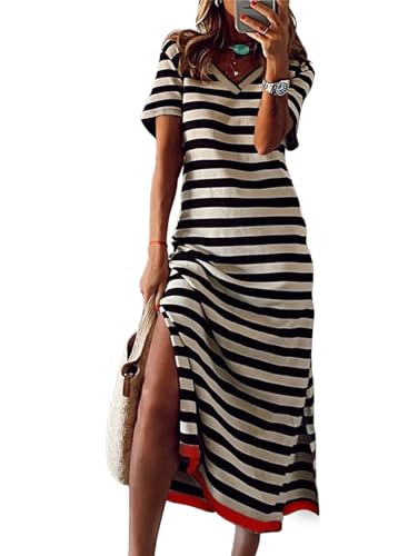 Dokotoo Black Dress 2024 Casual Womens T Shirt Dress Short Sleeve Striped Long Color Block Maxi Dress Black Medium