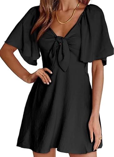 Dokotoo Black Dress Dresses for Women 2024 Fall Fashion Summer Drawstring V-Neck Ruffle Party Womens Dresses Cocktail Tank Dress Little Mini Dress