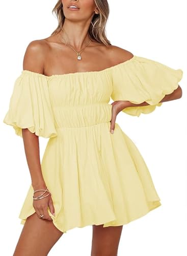 Dokotoo Off Shoulder Sexy Dresses for Women Fashion 2024 Short Lantern Sleeve Ruffle A-Line Yellow Dresses Casual Elastic Waist Mini Dress Medium