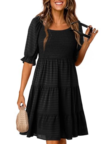 Dokotoo Summer Dresses for Women 2024 Party Sun Dresses Elegant Square Neck Ruffle Empire Smocked Waist Birthday Baby Doll Short Sleeve Mini Dress A Line Casual Dresses Sundresses Black Medium