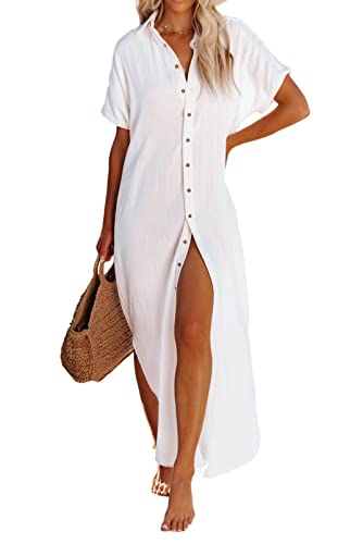 Dokotoo Swimsuit Coverups Summer Dresses for Women 2024 Vacation Button Down Long Kimonos Cardigan Beach Short Sleeve Side Split Casual Solid Loose Bathing Suit Cover Ups for Swimwear White L