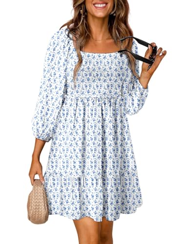 Dokotoo Wedding Guest Dresses for Women Boho Floral Long Sleeve Square Neck Smocked Ruffle Casual Elegant Chiffon A-Line Swing Mini Babydoll Western Dress Party Vacation Fall Clothes Sky Blue X-Large