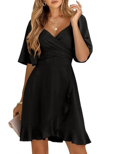 Dokotoo Women's 2024 Casual Wrap V Neck Short Sleeve Smocked Elastic Waist Tiered Belted Ruffle Hem Mini Dress Graduation Dress Black S