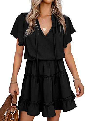 Dokotoo Women's Cute Summer Spring Summer Casual Sexy Deep V Neck Ruffle Chiffon Lantern Bell Sleeve Elegant Empire Waist Flowy Mini Short Skirt Dresses for Women Party 2024 Black X-Large