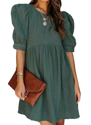 Dokotoo Womens Dress 2024 Summer Cute Simple Tunic Dress Crew Neck Lantern Sleeve Work Spring Casual Loose Mini Short Skater Ruched Dress with Pockets Green US 12 14