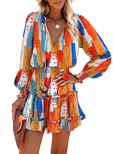 Dokotoo Womens Fall Dresses 2024 Resort Wear Casual V Neck Ruffle Tiered Chiffon Bohemian Floral Print Lantern Long Sleeve Elegant Smocked Empire Waist Swing Mini Dress Sundresses Small