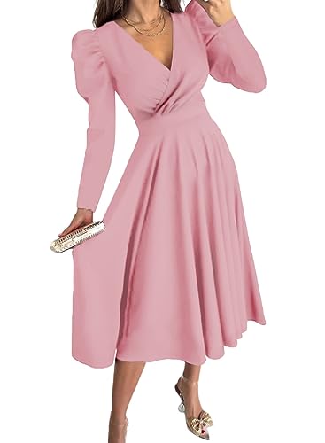 Dokotoo Womens Fall Dresses for Women 2023 Wrap Sexy V Neck Long Sleeve High Waist Vintage Cocktail Party Club Evening Wedding Guest Formal Casual Swing A Line Midi Dress Pink Small