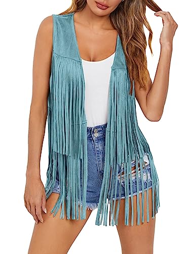 Dokotoo Womens Fringe Vest Top 70s Hippie Casual Western Party Cowgirl Shirts Sleeveless Fringe Jacket Open Front Cardigan Faux Suede Leather Tassel Party Summer Country Concert Outfits Blue Medium