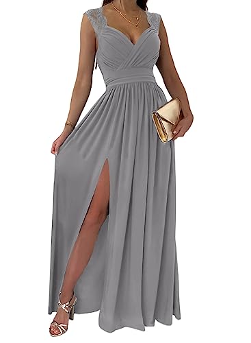 Dokotoo Womens Ladies Elegant Floor Length A Line Wrap Deep V Neck Backless Ruched Pleated Ruffled Split Long Maxi Formal Evening Party Prom Dress Bridesmaid Wedding Guest Dresses for Women Gray XL