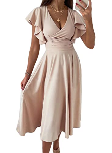 Dokotoo Womens Midi Formal Wedding Guest Dresses V Neck Elegant Party Skater Dress Valentines Dress for Women Summer Dress Apricot 2XL