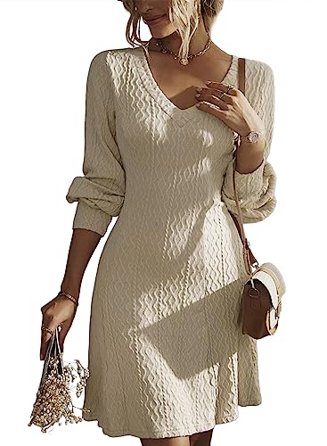 Dokotoo Womens Sweater Dresses Elegant Business Casual Outfits Work Dress Trendy Long Sleeve Dresses V Neck Knit Ribbed A Line Fall Outfits for Women 2024 Apricot Mini Dress Fashion Clothes M