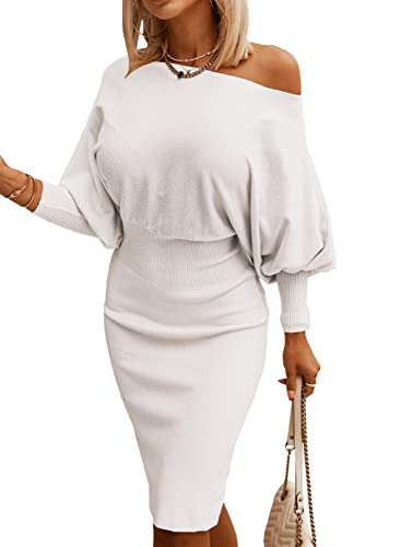 Dokotoo Womens White Sweater Dress Elegant Off Shoulder Long Batwing Sleeve Elastic Waist Bodycon Mini Dresses for Women Sexy 2024 Fashion Medium