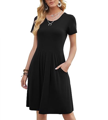 DouBCQ Women's Casual Short Sleeve Flowy Pleated Loose Dresses with Pockets (0-Black, M)