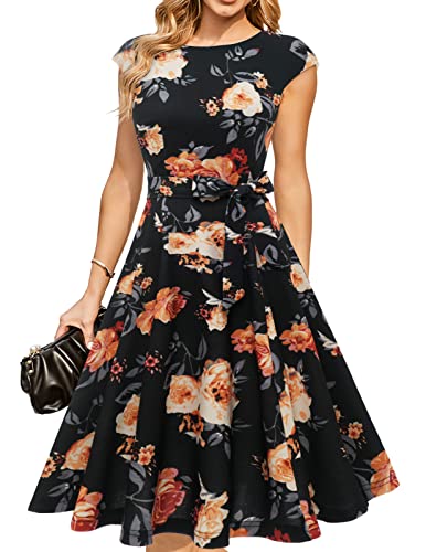 DRESSTELLS Cocktail Dress, Floral Wedding Guest Dresses for Women, Formal Vintage Tea Party Dress, Aline Petite Church Dress 2024 Black Yellow Flower S