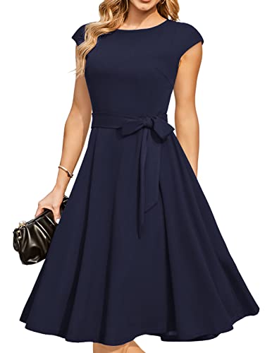 DRESSTELLS Women's Cocktail Dresses for Wedding Guest 2024, Formal Fit Flare Homecoming Prom Vintage Tea Party Hepburn Dress, Modest Funeral Midi Dress Navy L