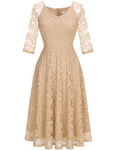 Dressystar Long-Sleeve A-Line Lace Bridesmaid Dress Midi for Wedding Formal Party L Champagne