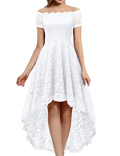 Dressystar Women's Lace Cocktail Dress Hi-Lo Off Shoulder Bridesmaid Swing Formal Party Dress 0042 White L