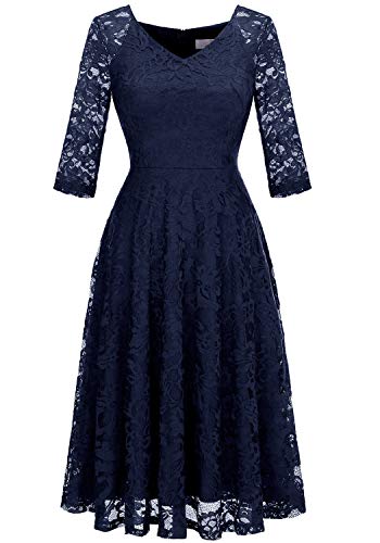 Dressystar Womens Long-Sleeve A-Line Lace Homecoming Bridesmaid Midi Dress Wedding Guest Formal Party Cocktail Birthday Dresses 2024 Prom Gown 0058 Navy XL