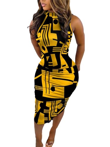 ECHOINE Women Sexy Print Crew Neck Sleeveless Stretchy Pencil Midi Bodycon Dress Office Work Church Chain Yellow-black M