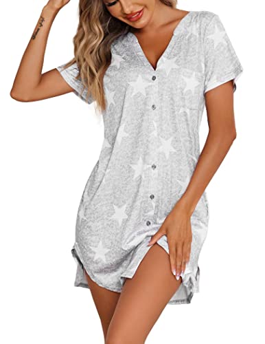 Ekouaer Gown Sleep Dress for Women Night Shirt V Neck Button Nightgown Star Short Sleeve Nightdress