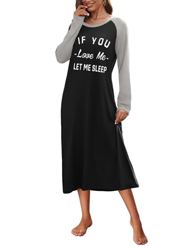 Ekouaer Nightgown Long Sleeve Womens Nightgown Sleep Shirts for Women Night Dress Nightgowns for Woman Soft Sleepwear Black Love Me XXL