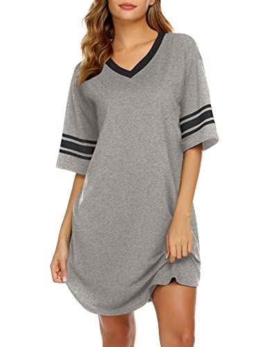 Ekouaer Womens Nightgown Cotton Sleep Shirt V Neck Short Sleeve Loose Comfy Pajama Sleepwear,A grey,XX-Large