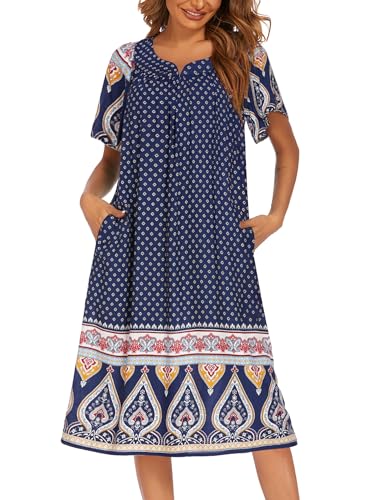 Ekouaer Womens Nightgown Short Sleeve House Dress with Pockets-Floral Print Mumu Dress Navy, Large