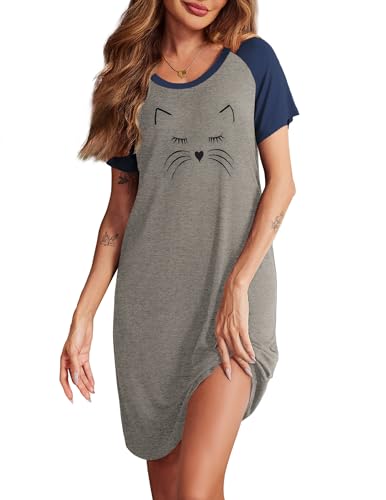 Ekouaer Womens Nightgown Short Sleeve Night Dress Printed Sleepwear Soft Sleep Shirt Navy Blue M