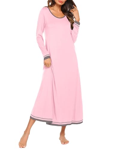 Ekouaer Women's Nightshirt Long Sleepwear Winter Loungewear Long Sleeve Nightgown House Dress Pink Large