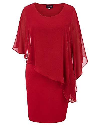 Elegant Mother of The Bride Dresses for Women Chiffon Layered Midi Dress with Cape XL Red