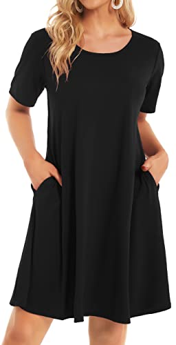 elescat Fall Dresses for Women Casual with Pockets Summer Mini Beach Sundress Short Sleeve Loose Fit(Black,L)