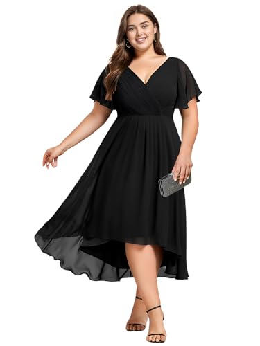 Ever-Pretty A Line Ruched V Neck Chiffon Short Sleeves Knee Length Plus Size Wedding Guest Dresses for Curvy Women Black US20