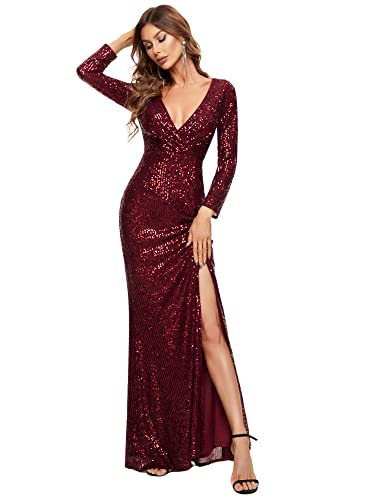 Ever-Pretty Women Long Sleeve Deep V-Neck Sequin Slit Cocktail Gowns Sequin Dress Burgundy US16