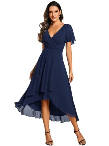 Ever-Pretty Women's A Line V Neck Ruffle Sleeves Pleated High Low Formal Dresses Navy Blue US6